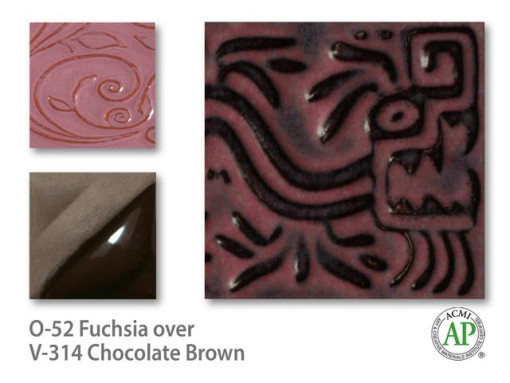 O52 Fuchsia over V314 Chocolate Brown Underglaze AMACO Brent
