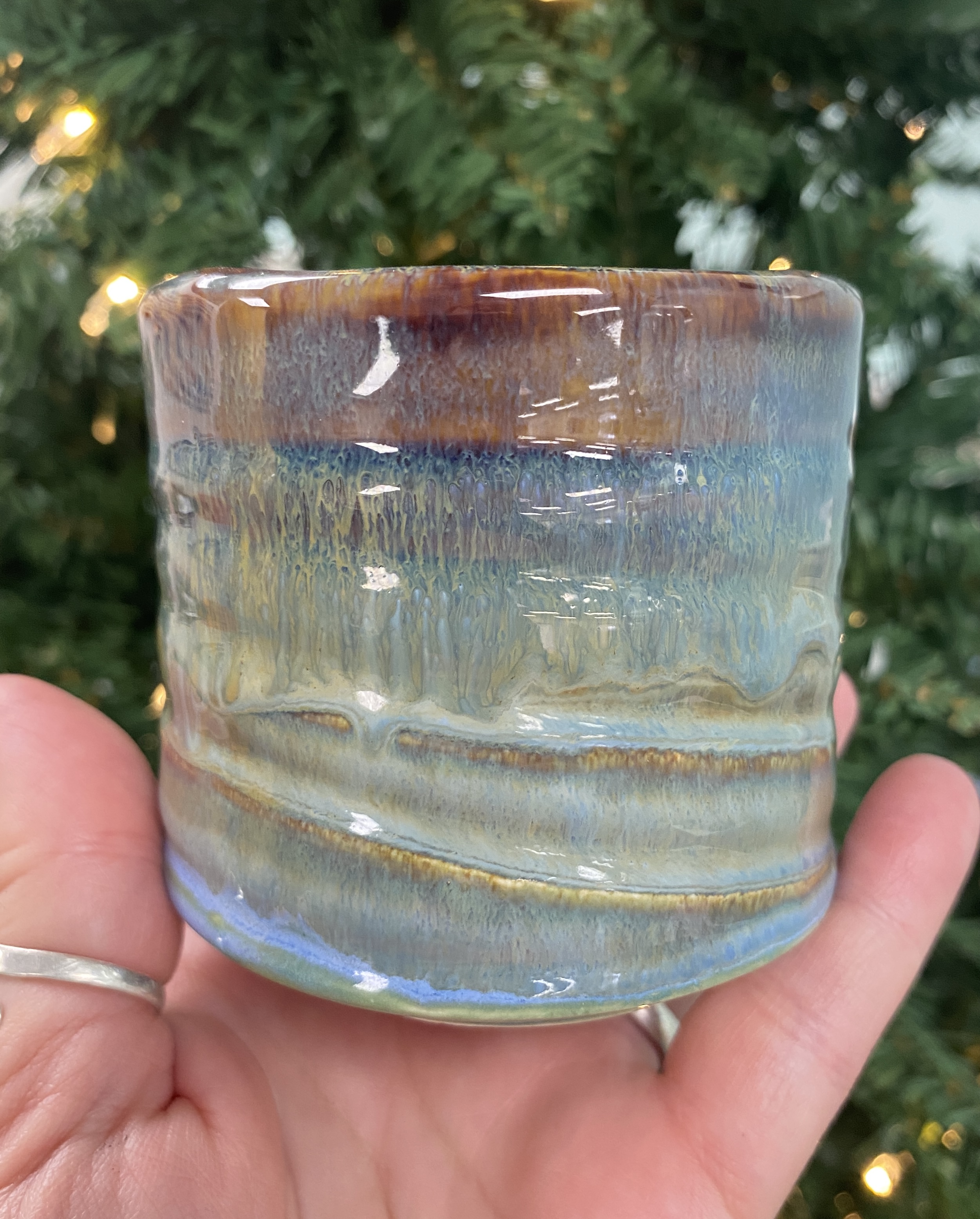 PC-53 Ancient Jasper over PC-21 Arctic Blue, fired to cone 6